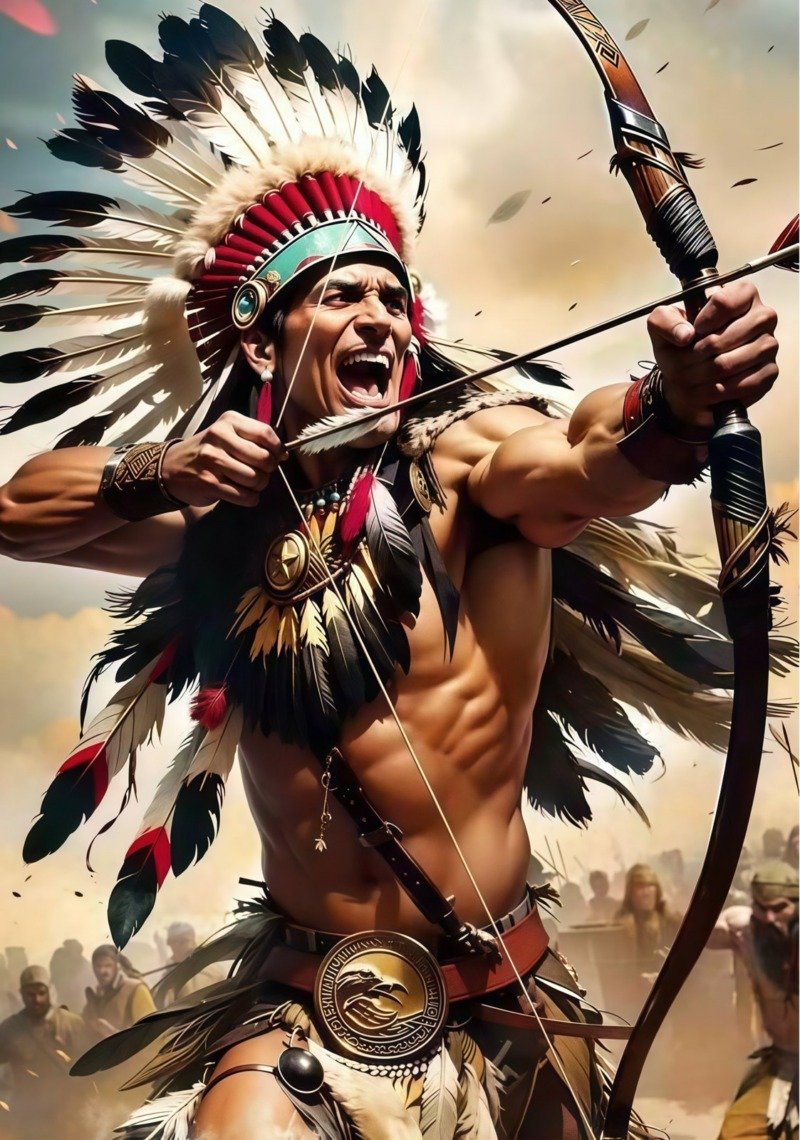Native American warrior in feathered war bonnet shouting while drawing a bow