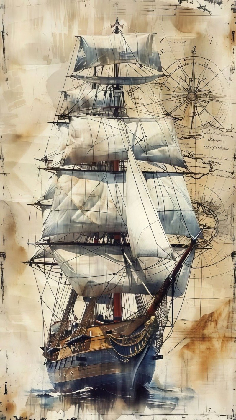 Vintage tall ship with full white sails on a sepia parchment background with a compass rose and map sketches