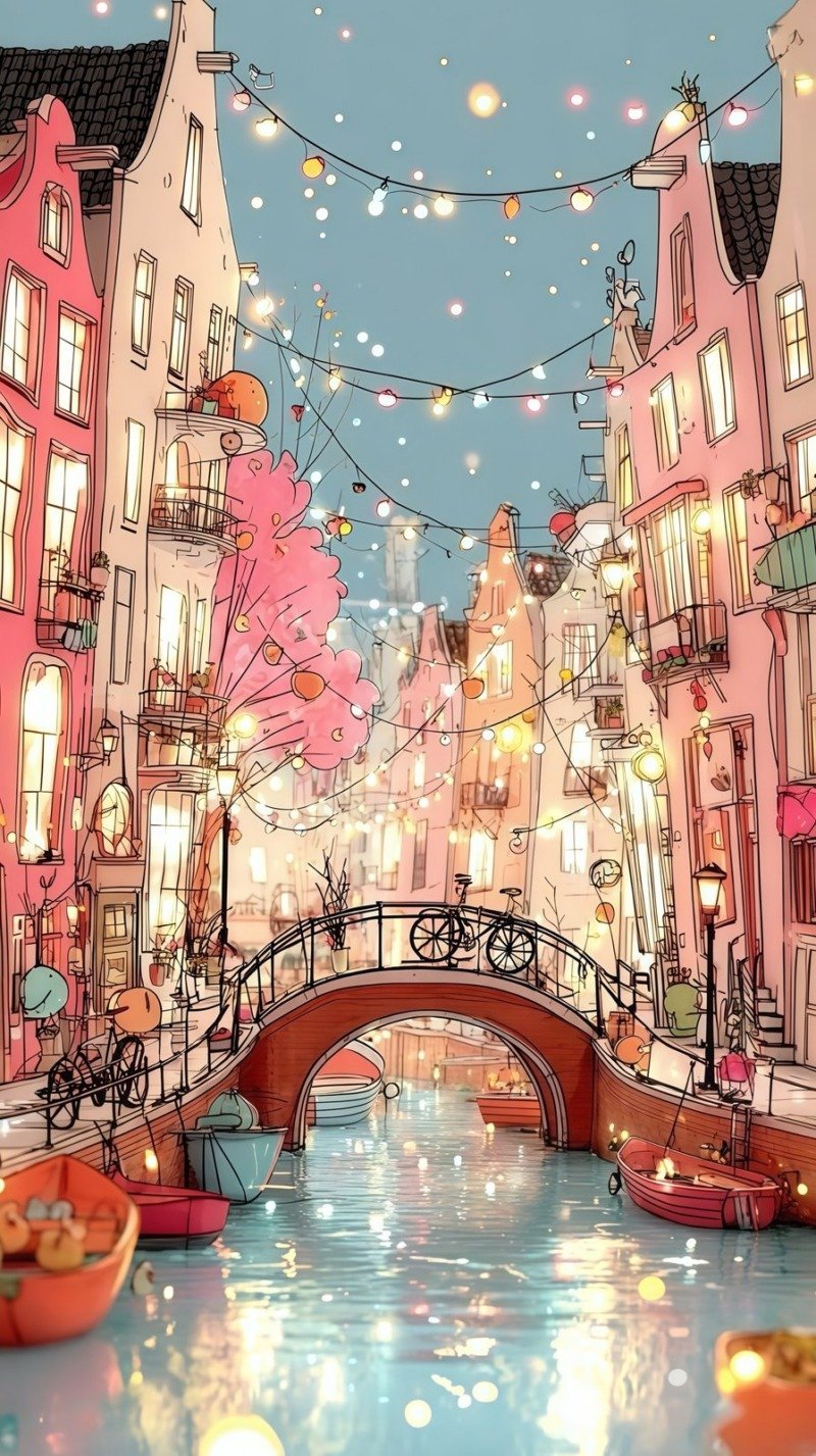 Whimsical illustrated canal town with pink townhouses, fairy lights, an arched bridge with a bicycle and small boats