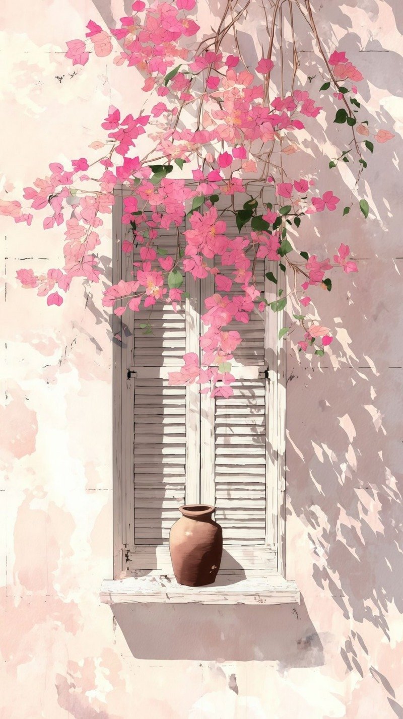 Watercolour of pink bougainvillea cascading over white wooden shutters on a sunlit pink wall with a terracotta pot