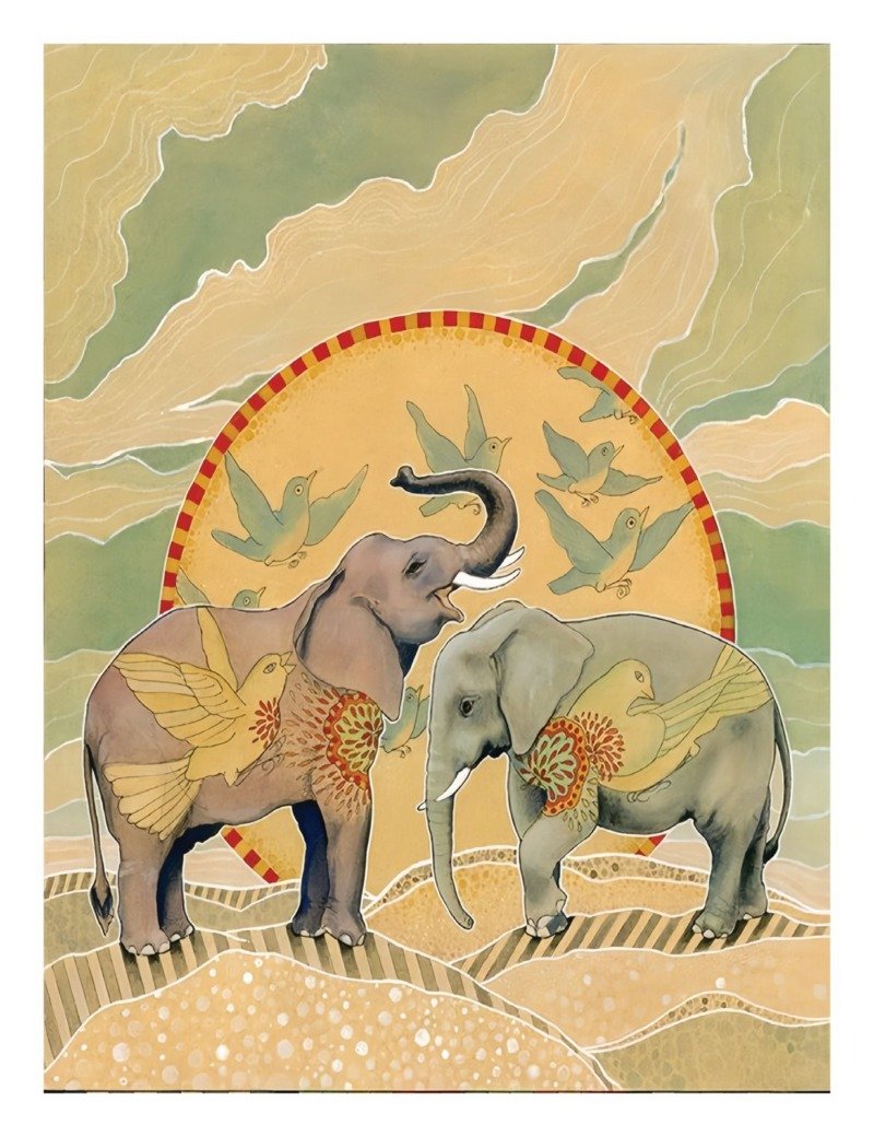 Two folk-art elephants meeting trunk to trunk before a golden sun filled with flying birds, in muted ochre and sage tones