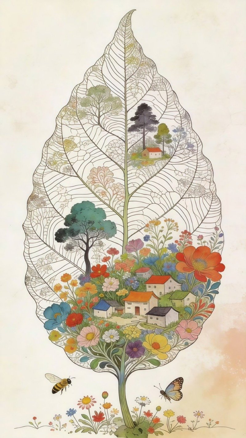 Illustrated skeleton leaf containing a tiny village of cottages, trees and colourful flowers with a bee and butterfly