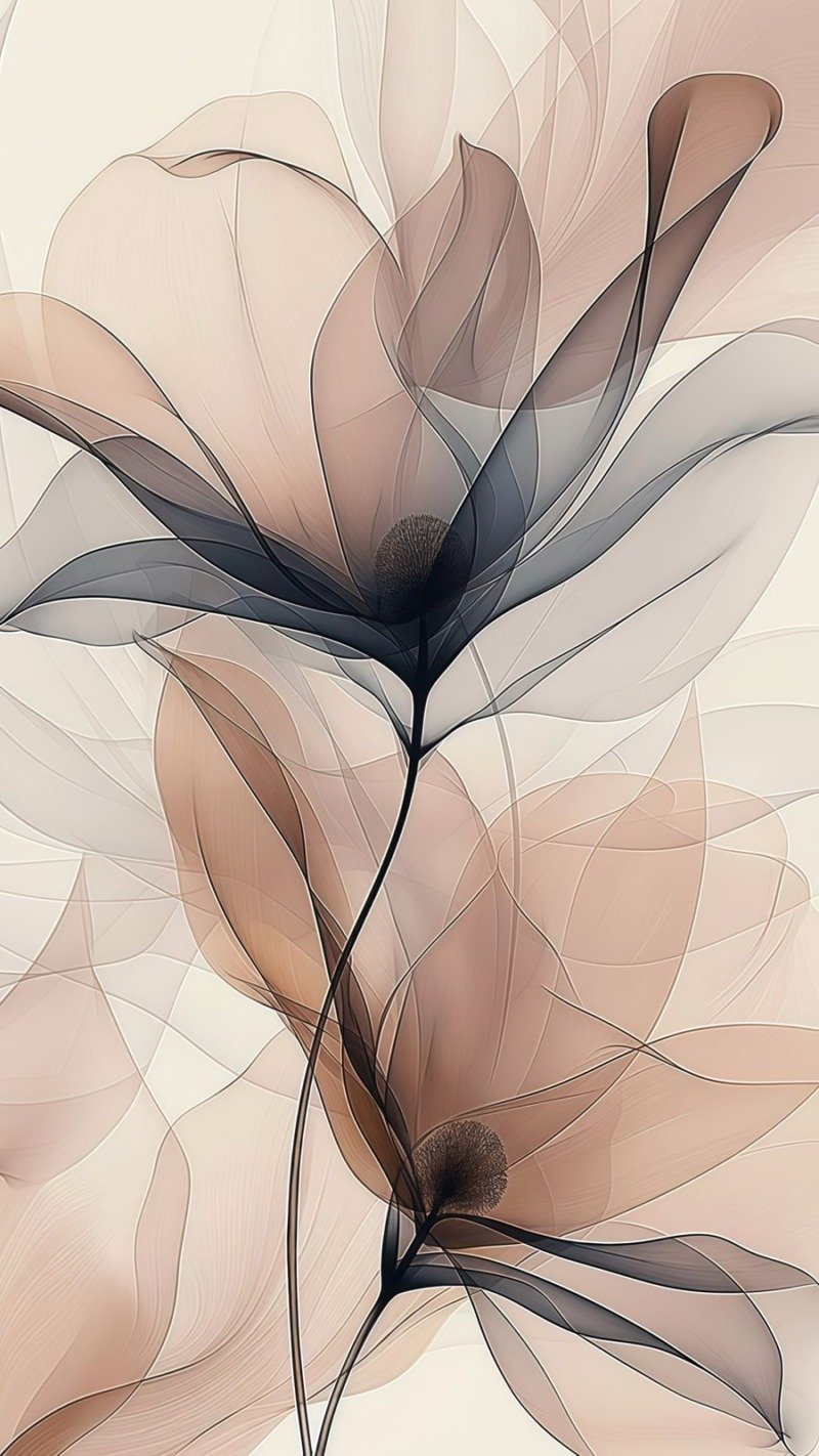 Abstract translucent flowers in soft taupe, blush and charcoal layers on a pale background