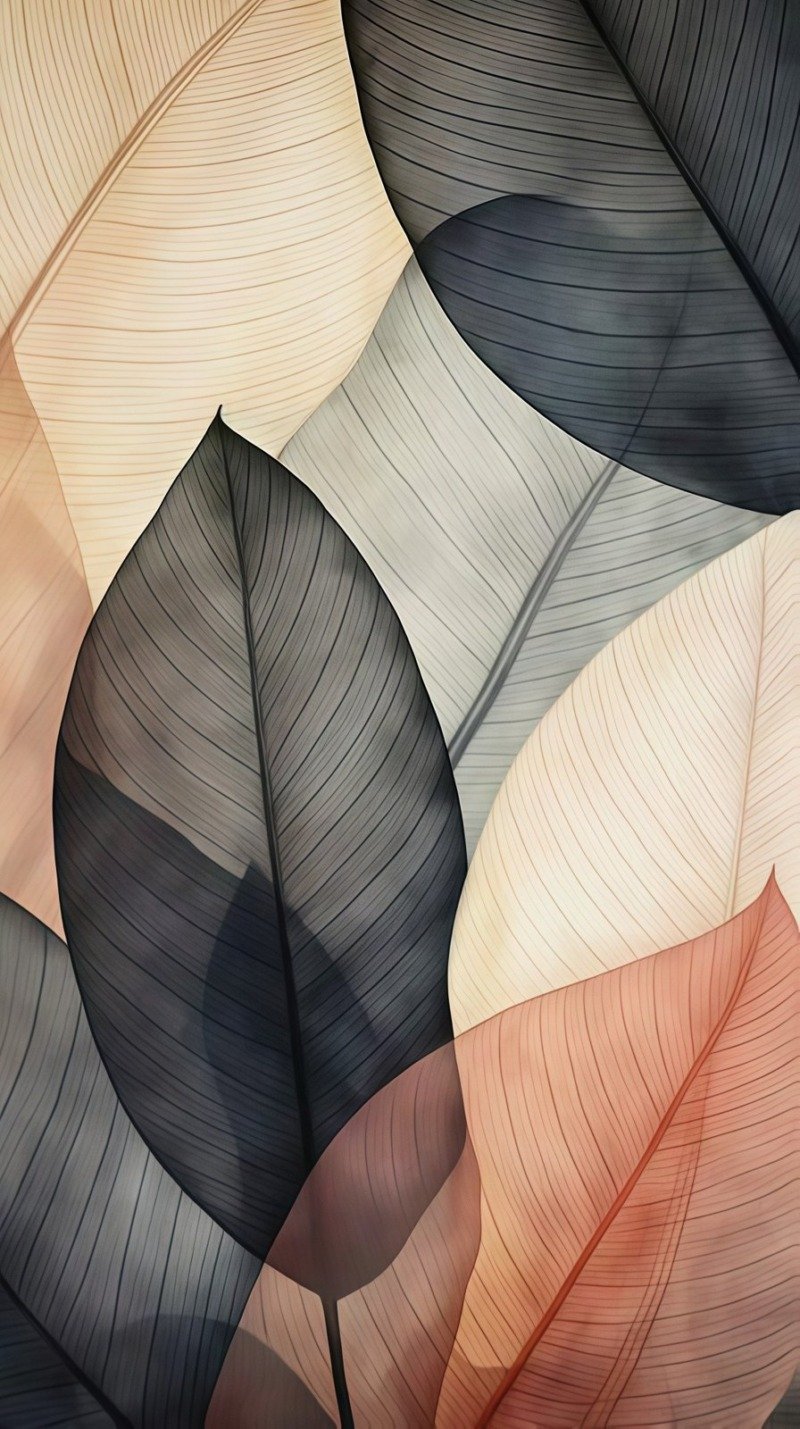 Overlapping translucent leaves with fine veins in cream, charcoal, grey and blush terracotta tones