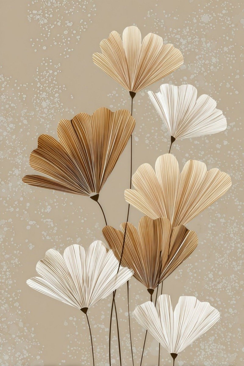 Fan-shaped ginkgo leaves in gold, caramel and ivory on thin stems against a speckled beige background