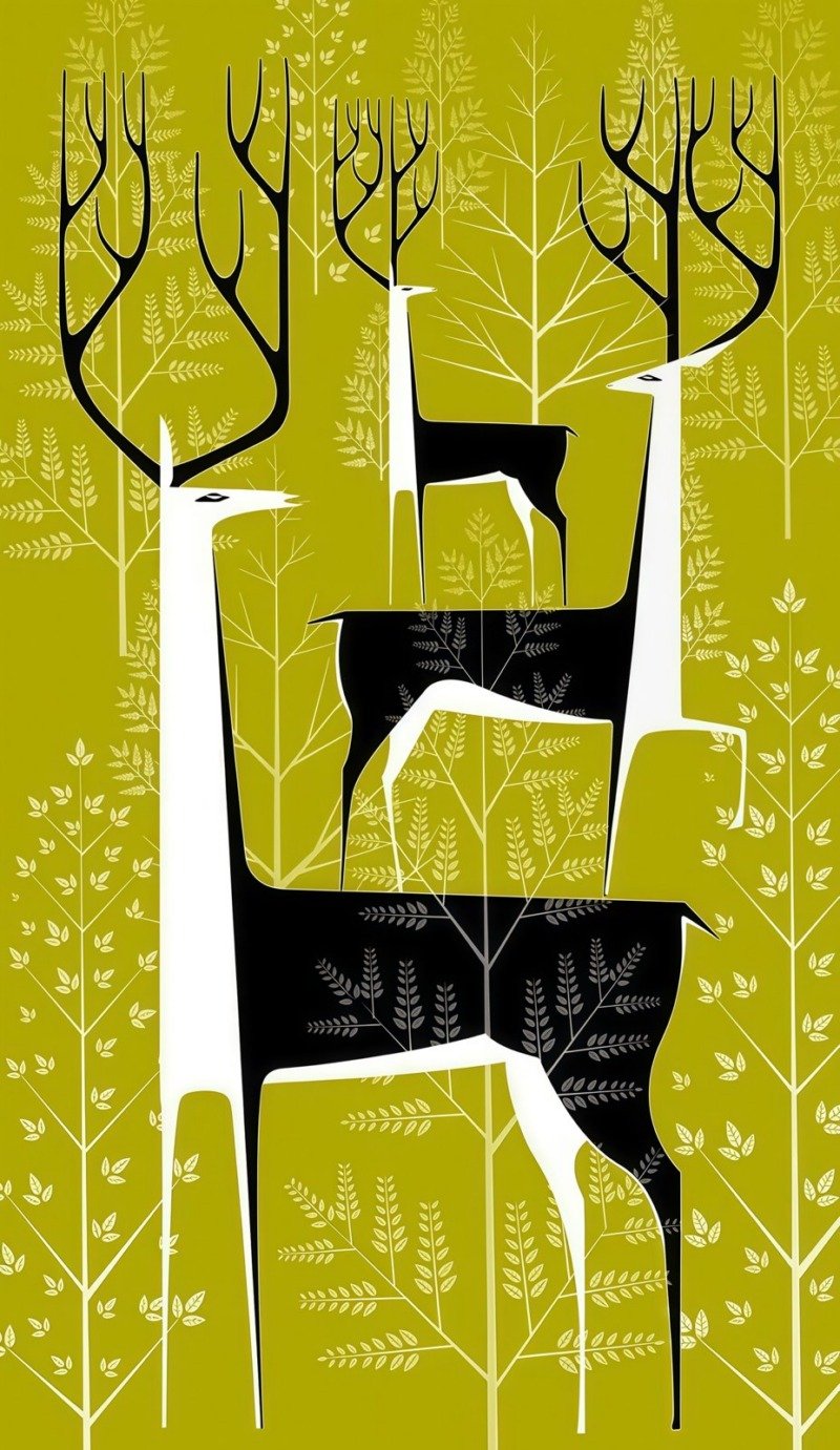 Three stylised black and white deer with tall antlers on a chartreuse background with patterned pale trees