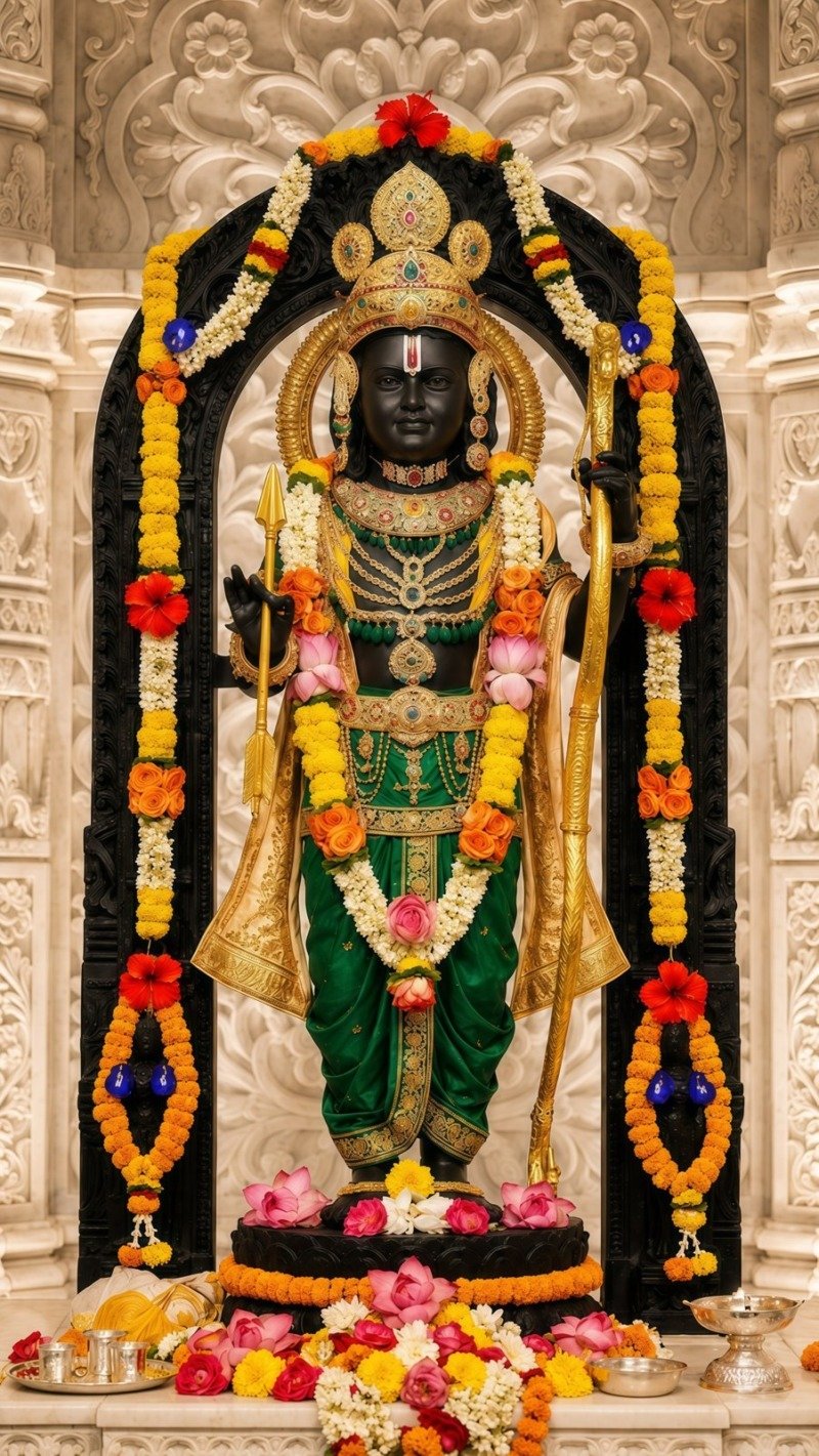 Black stone idol of child Rama in green silk holding a golden bow and arrow, framed by flower garlands and marble