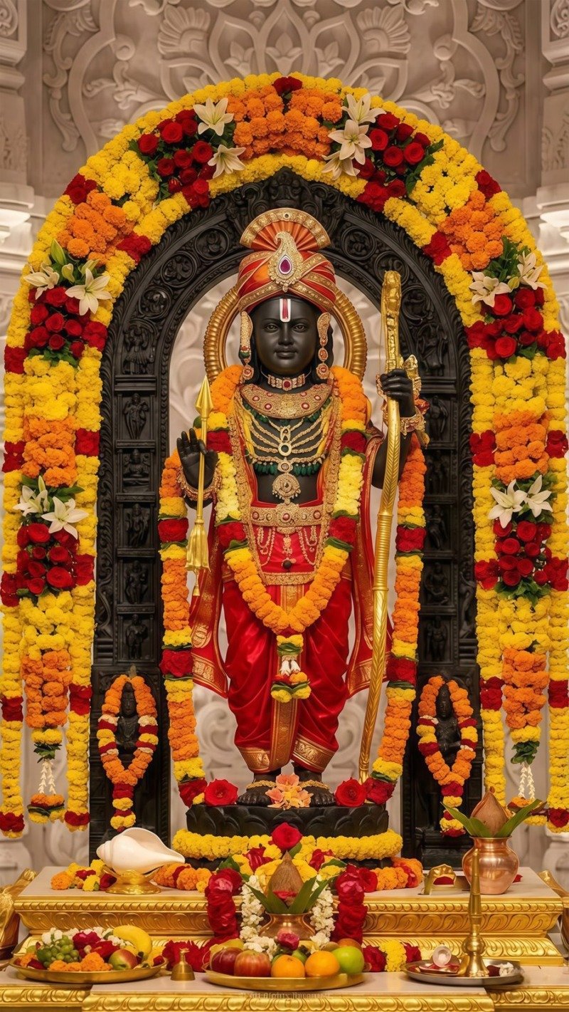 Black stone Ram Lalla idol with bow and arrow in red silk, framed by a marigold and rose arch