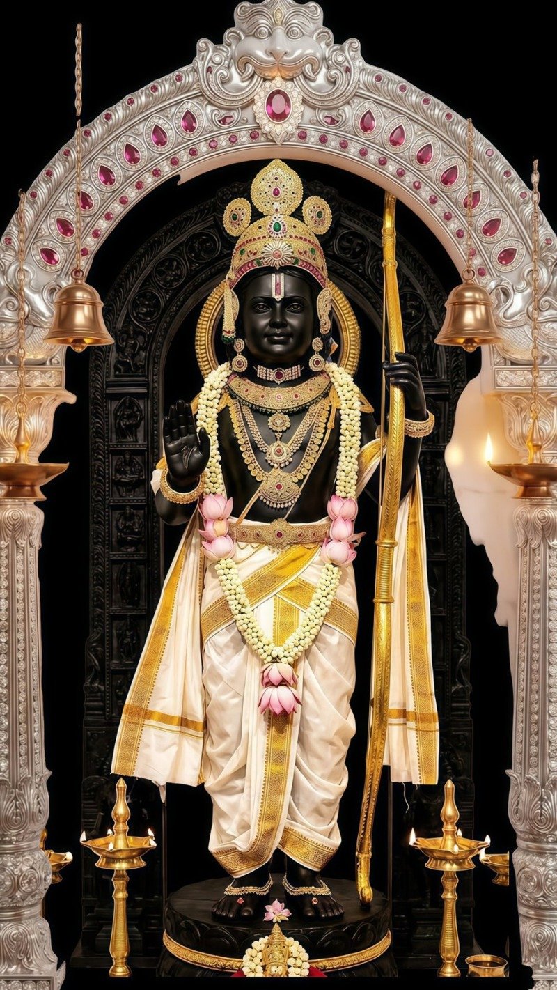 Black stone Ram Lalla idol with gold crown, garlands and bow inside a silver jewelled arch with lamps