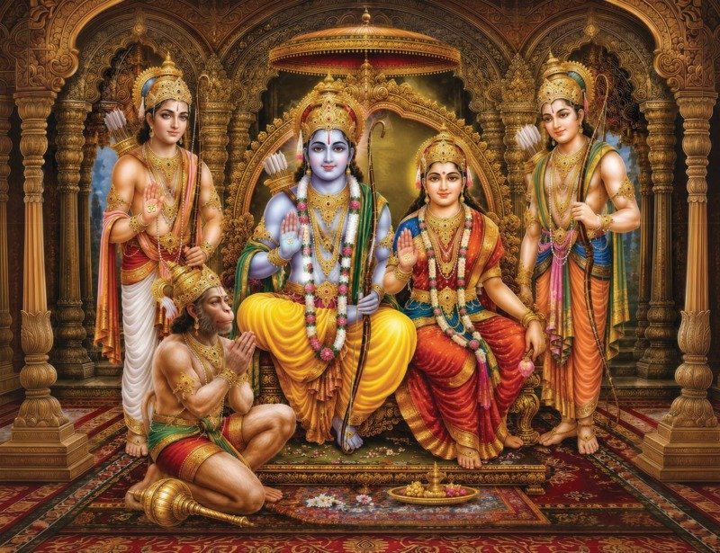 Ram Darbar painting of Rama and Sita enthroned in a golden hall with Lakshmana, Bharata and kneeling Hanuman