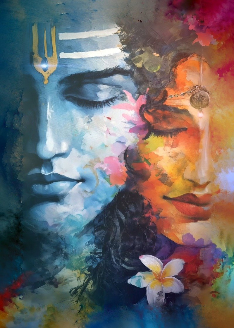Watercolor half-faces of blue Shiva with trident mark and orange Parvati with frangipani flower