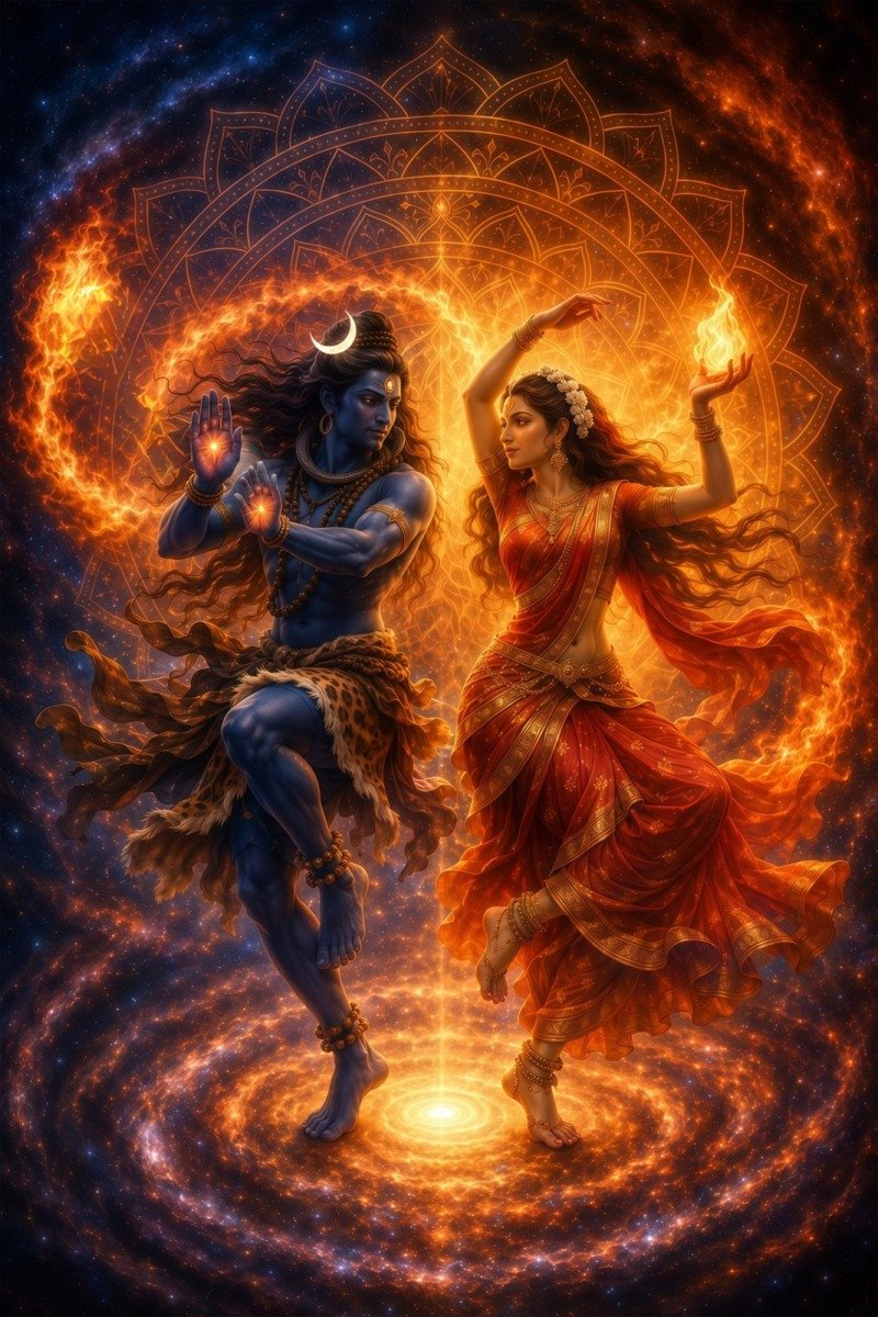 Blue Shiva and Parvati in red saree dancing inside a fiery cosmic mandala over a spiral galaxy