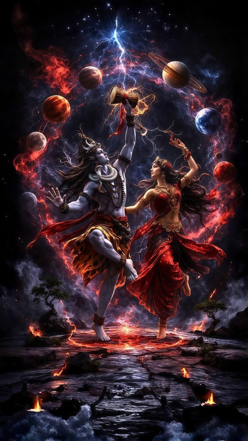 Shiva raising damaru dances with Parvati as planets and lightning circle them over molten ground
