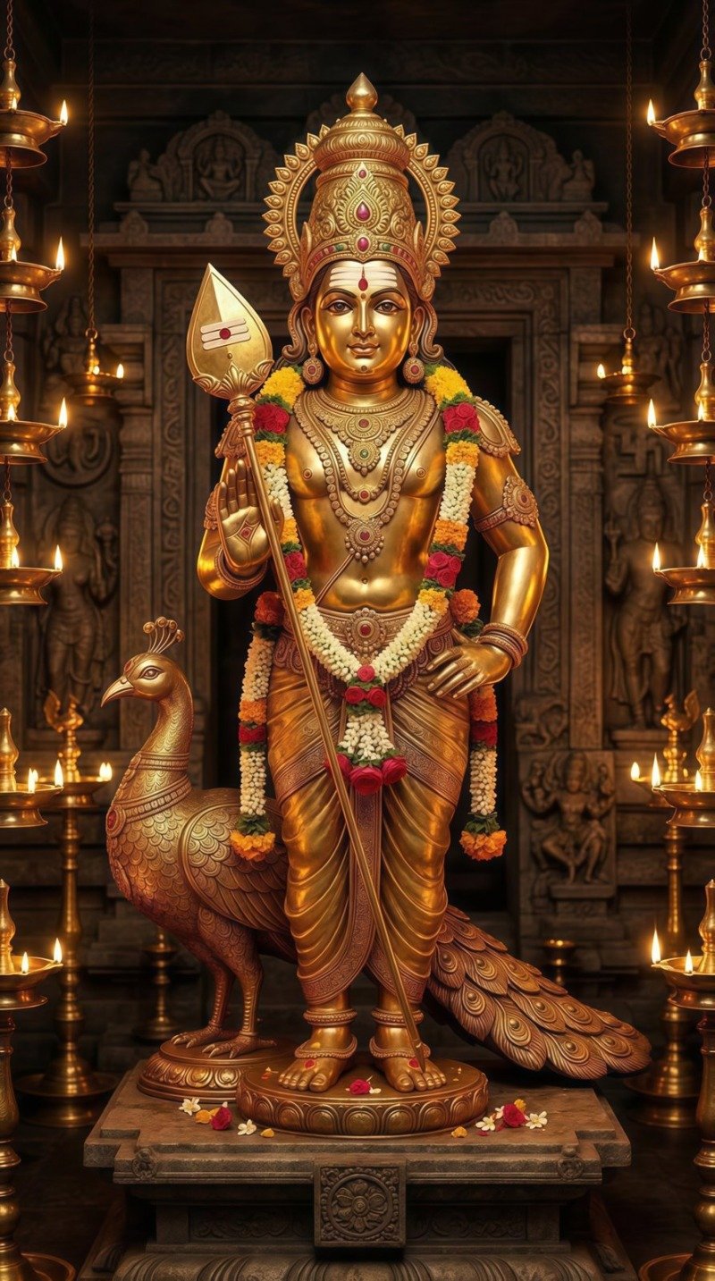 Golden Lord Murugan statue holding a vel spear beside a peacock, surrounded by oil lamps in a stone temple