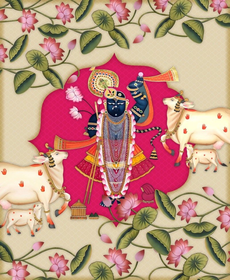 Pichwai painting of Shrinathji in a pink arch with cows, calves and pink lotus vines on beige