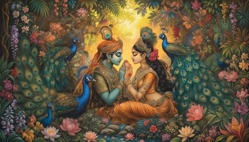 Radha and Krishna seated hand in hand in a flowering garden surrounded by peacocks and lotuses