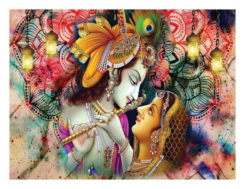 Radha Krishna close-up with golden turban and veil against a colourful red and teal mandala with glowing lanterns