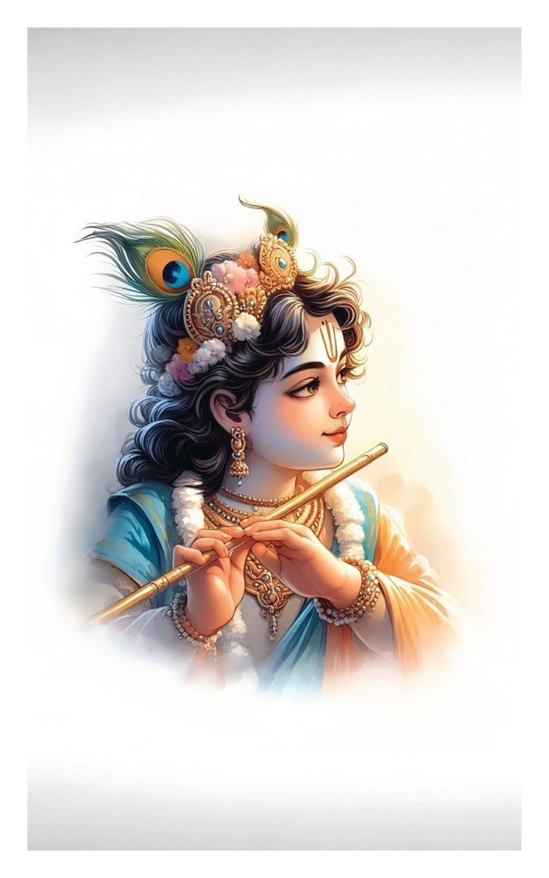 Soft watercolour portrait of Krishna in profile playing a golden flute with a peacock feather in his hair
