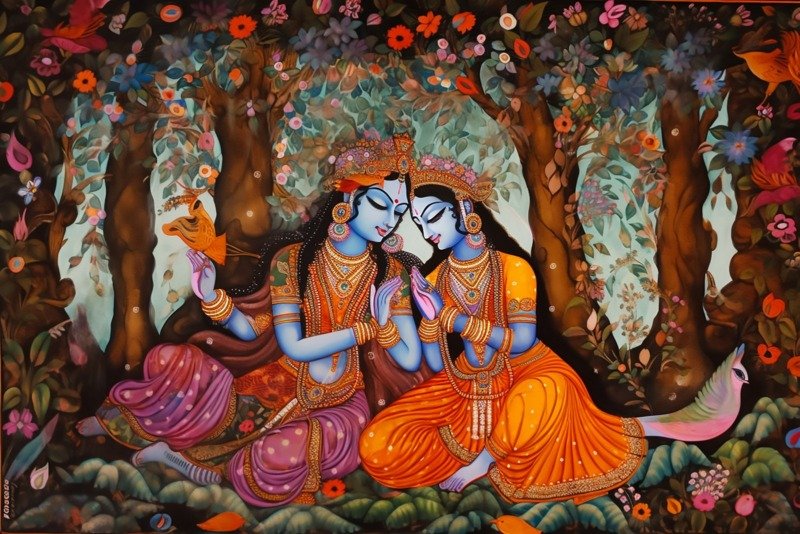 Folk-style painting of Radha and Krishna seated beneath flowering trees with birds and a peacock