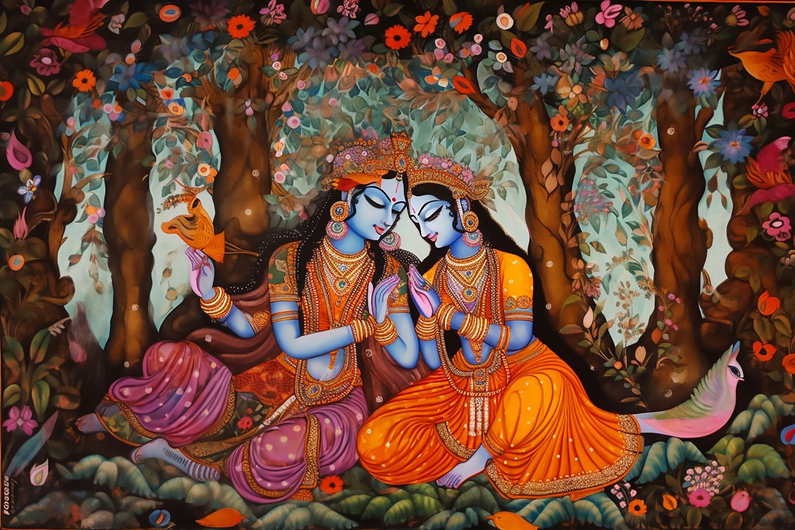 Folk-style painting of Radha and Krishna seated beneath flowering trees with birds and a peacock