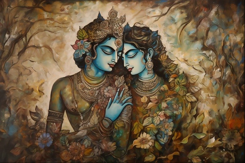 Textured earth-toned painting of Krishna and Radha leaning cheek to cheek among flowers and leaves