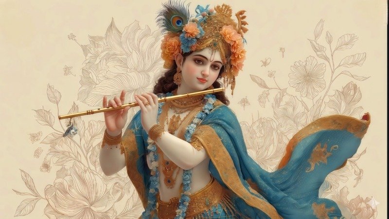 Krishna playing flute in a flowing blue gold-edged shawl and floral crown on a cream background with line-drawn flowers