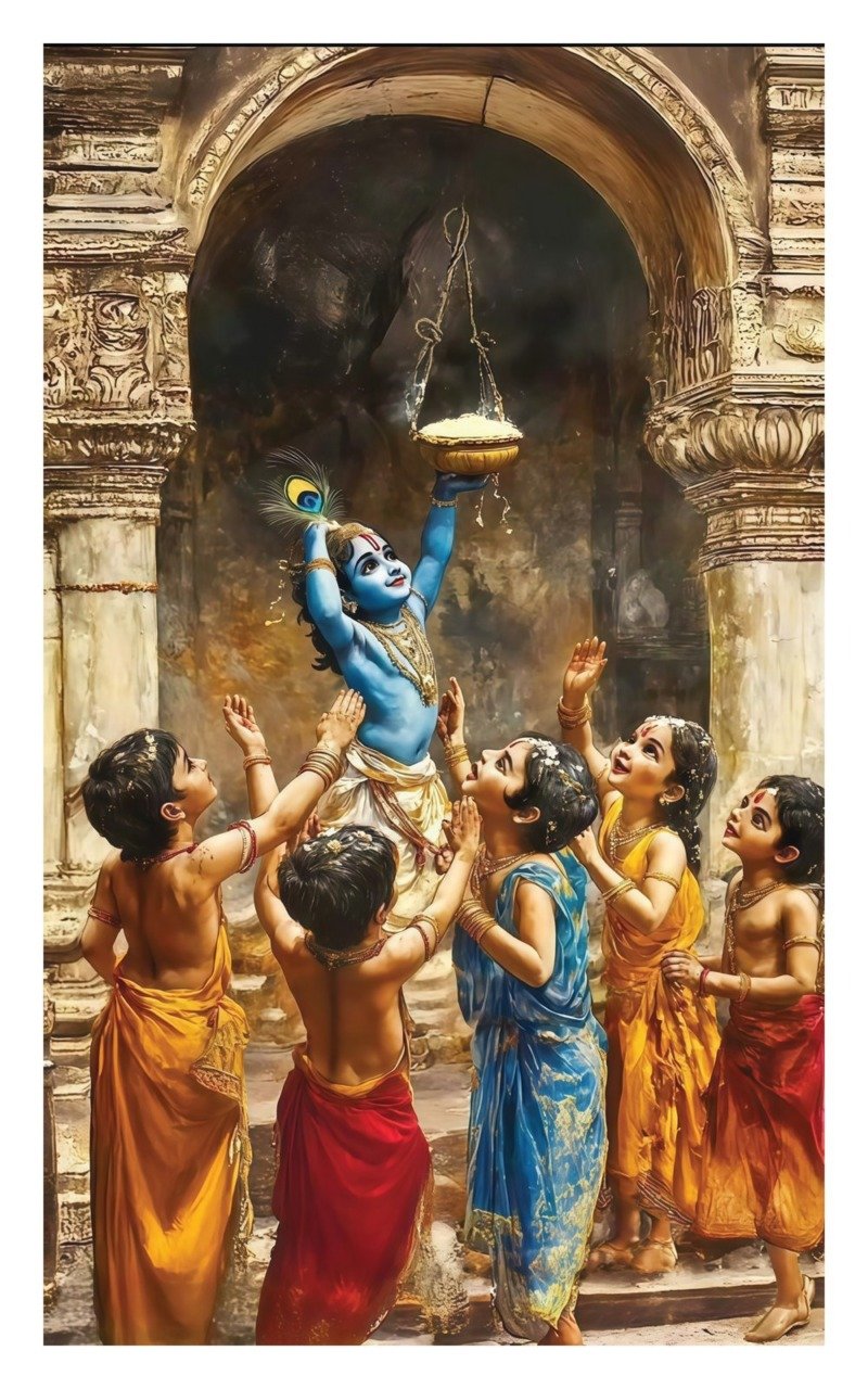 Child Krishna held aloft by friends reaching for a hanging butter pot under a stone arch