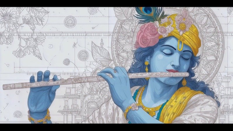 Blue Krishna in a yellow turban playing a flute against a white background of fine line drawings and mandalas
