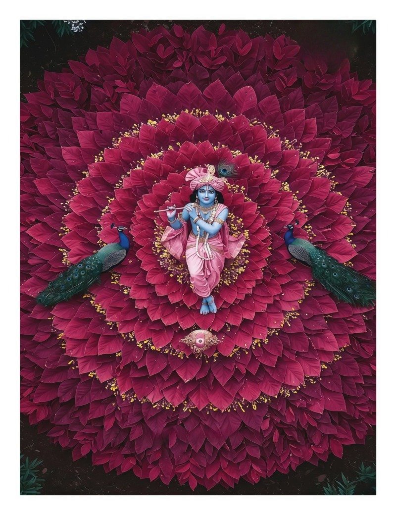 Krishna playing flute at the centre of a circular mandala of deep magenta leaves, flanked by two peacocks