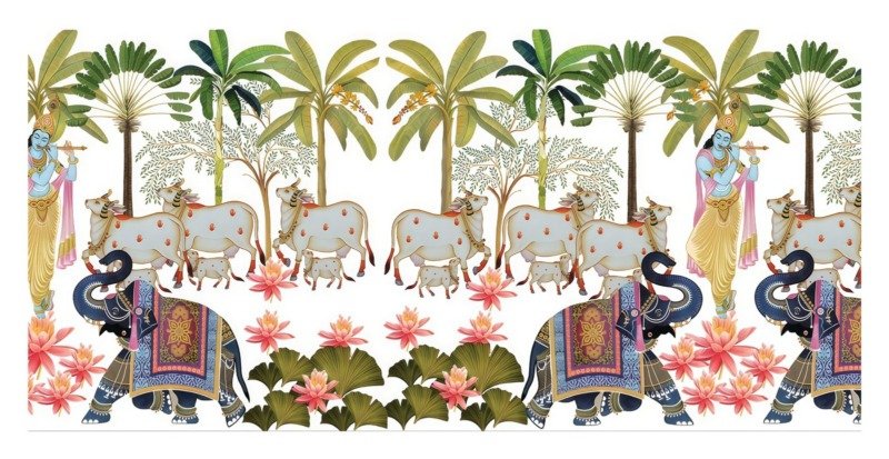 White-background Pichwai with Krishna playing flute, spotted cows under palm trees, two decorated elephants and lotus flowers