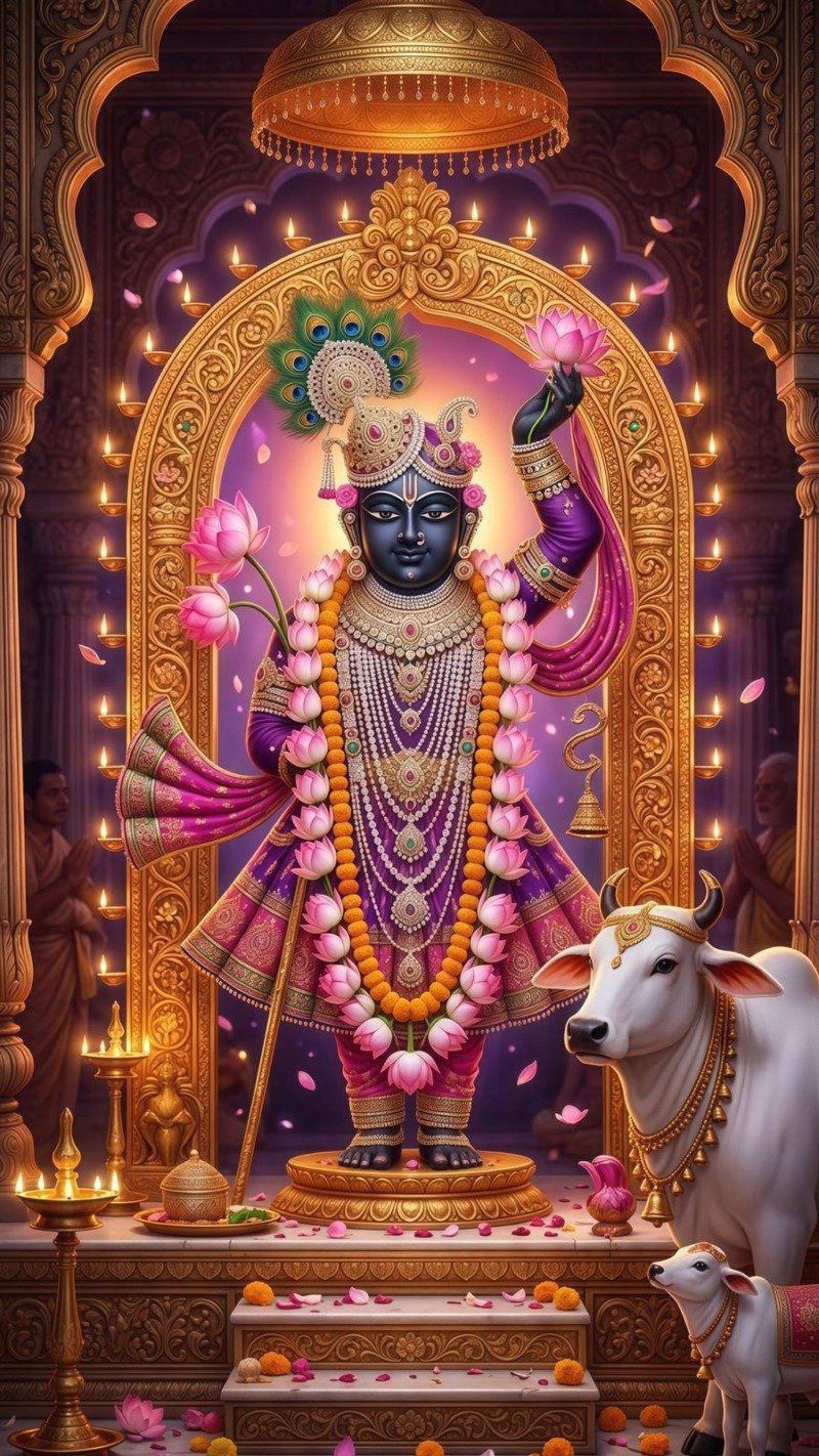 Shrinathji with raised arm and lotus garland under golden canopy, white cow and calf beside him
