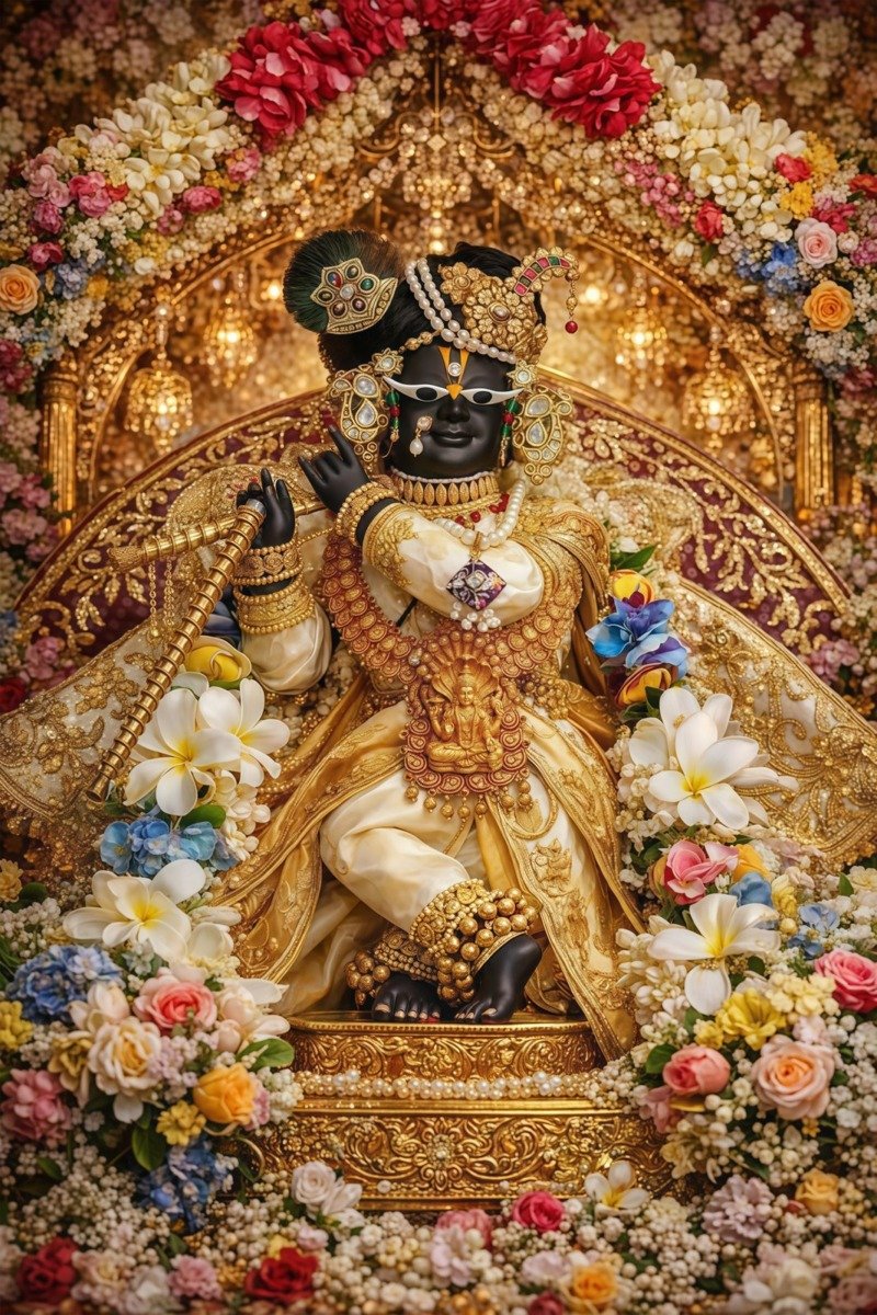 Dark Krishna idol in cream and gold robes playing flute on a golden throne surrounded by tiers of plumeria and roses