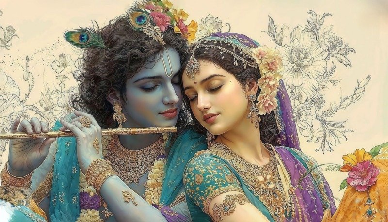 Krishna playing flute with Radha resting on his shoulder against cream floral line-art background