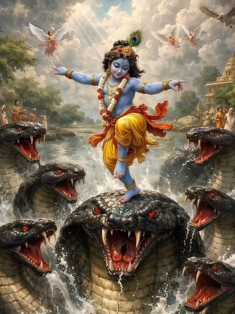 Young Krishna dancing on the hoods of the serpent Kaliya in a churning river with angels above