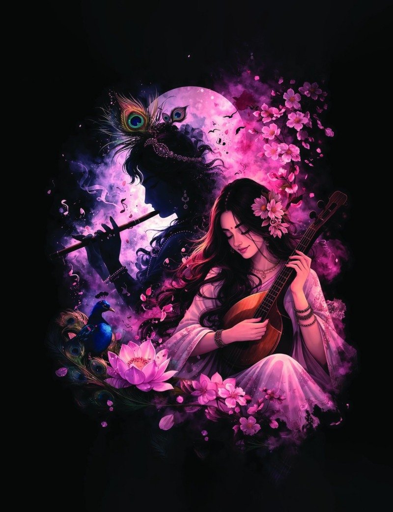 Krishna silhouette with flute and Radha playing a stringed instrument under a pink moon with blossoms and a peacock