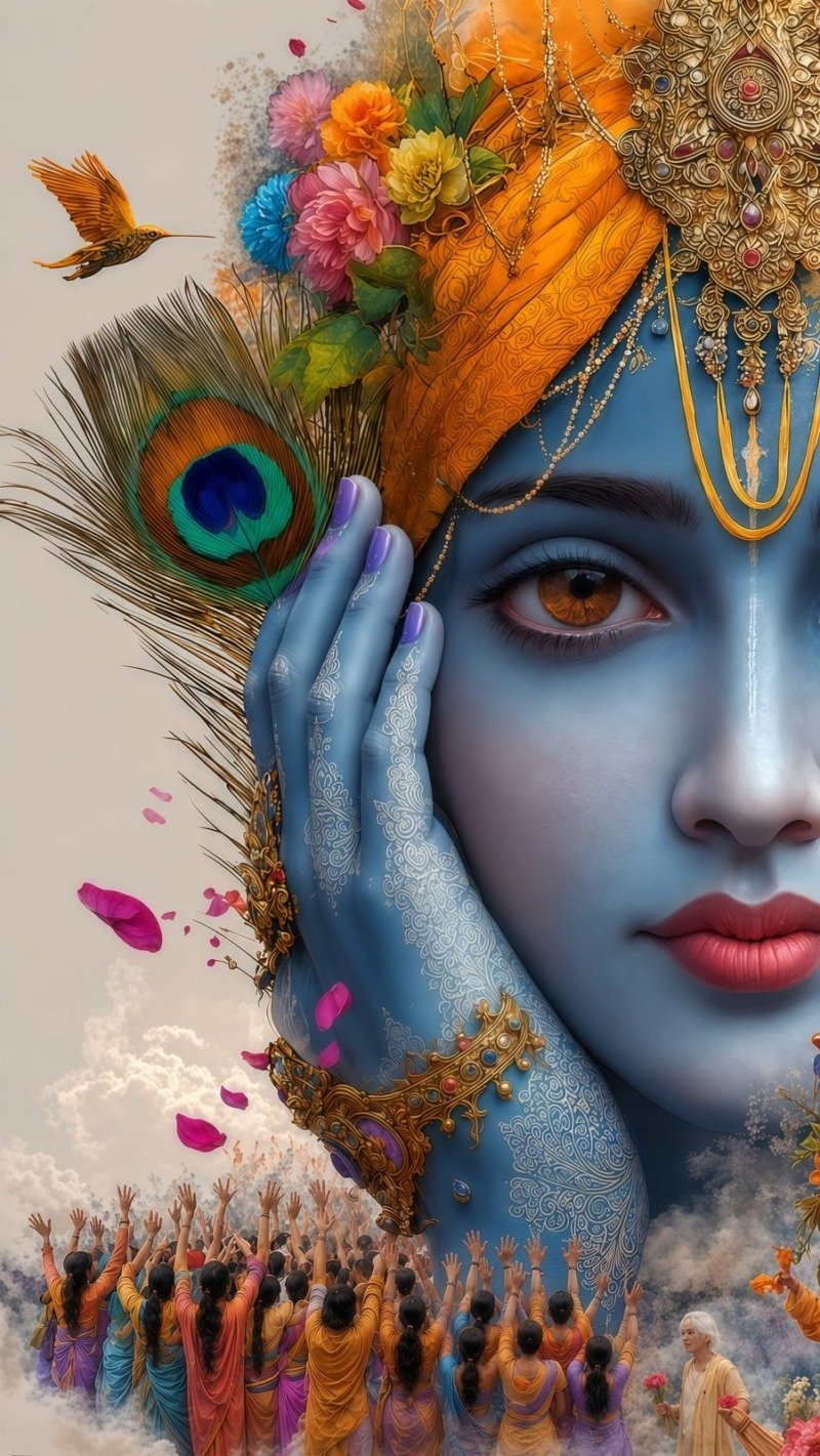Close-up half face of blue Krishna with hand on cheek, peacock feather and devotees raising arms below