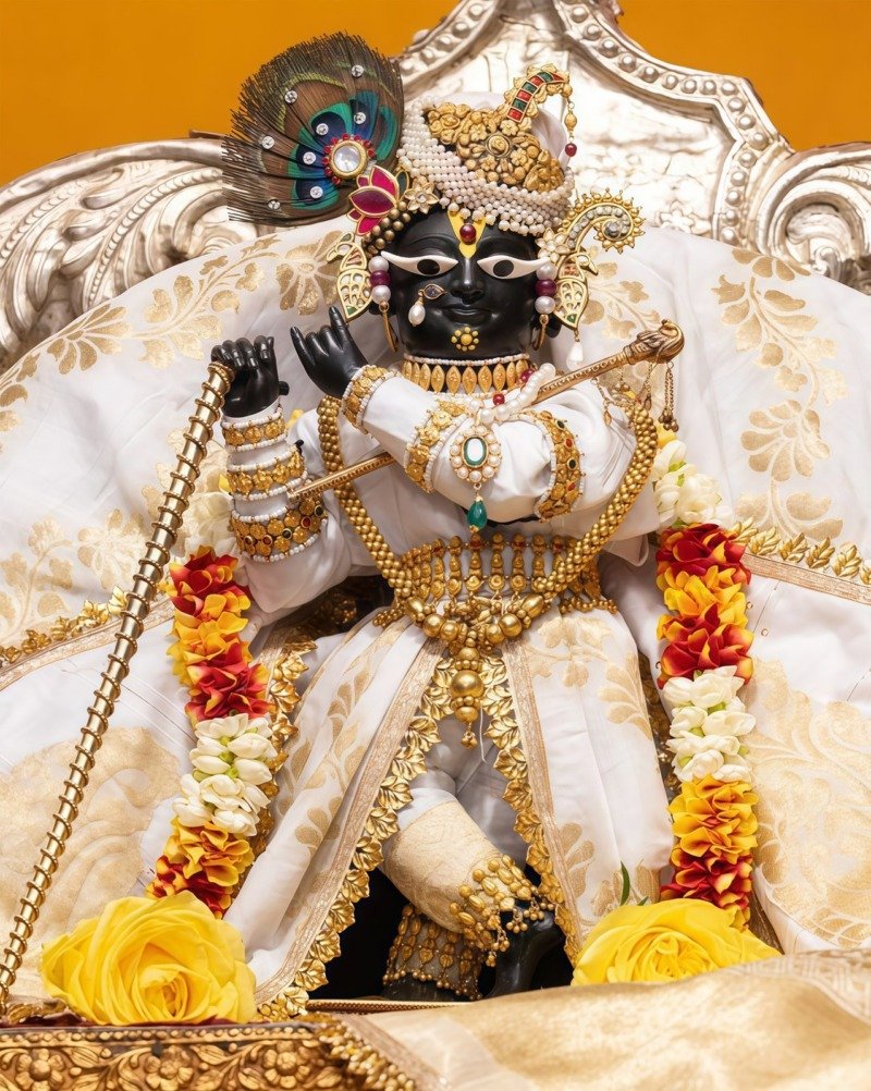 Black Krishna murti in white silk and gold playing flute with pearl turban on silver throne