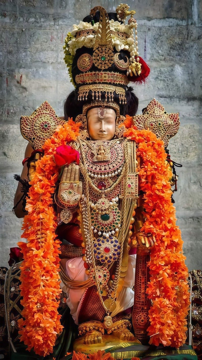 Lord Venkateswara with tall jewelled crown, white namam and thick orange garlands before stone wall