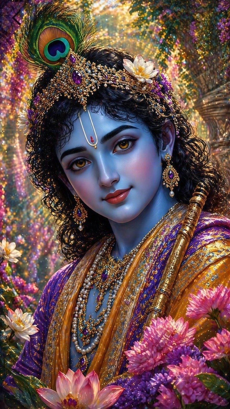Close-up of blue-skinned Krishna in a jewelled gold crown with peacock feather, surrounded by pink lotuses and purple blossoms