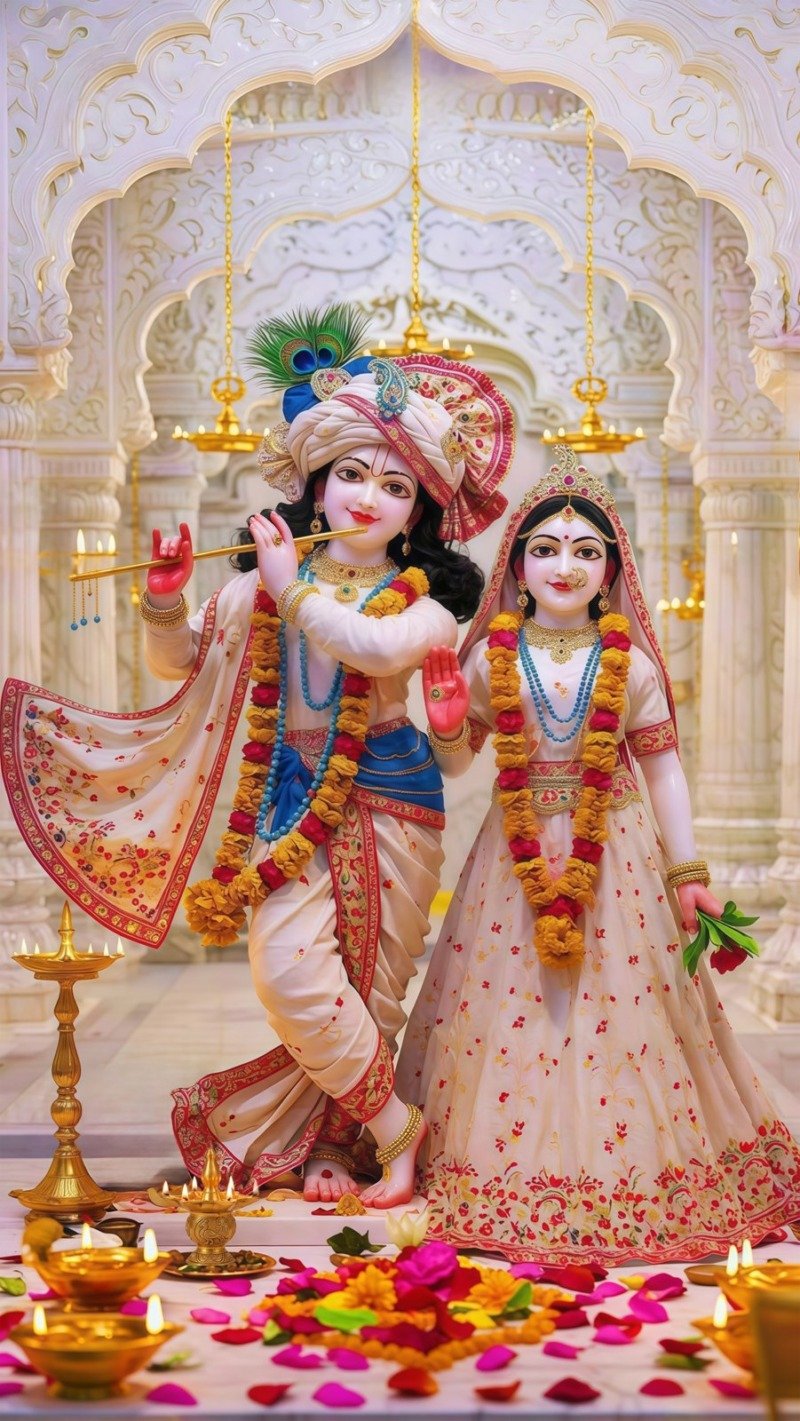White marble Radha and Krishna statues in a temple hall with arches, lamps and scattered petals