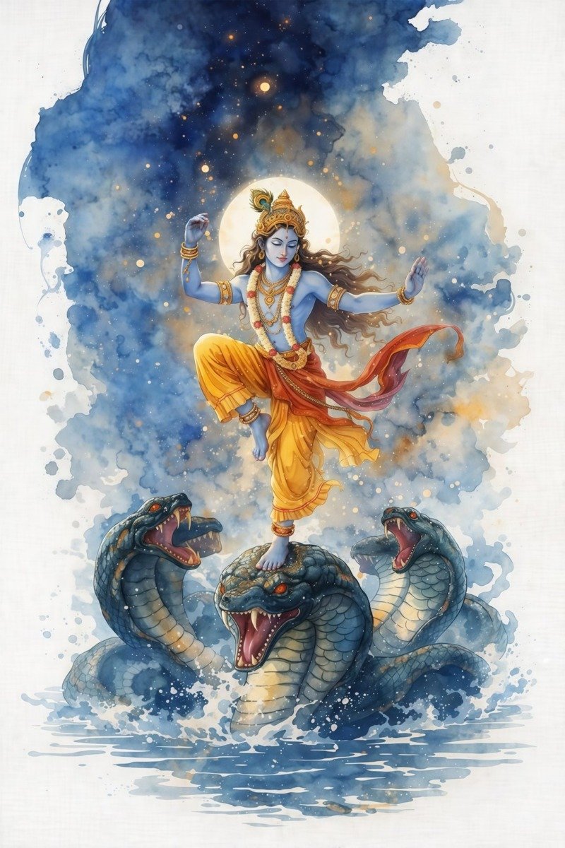 Watercolor of young Krishna dancing on the serpent Kaliya under a full moon and starry blue sky