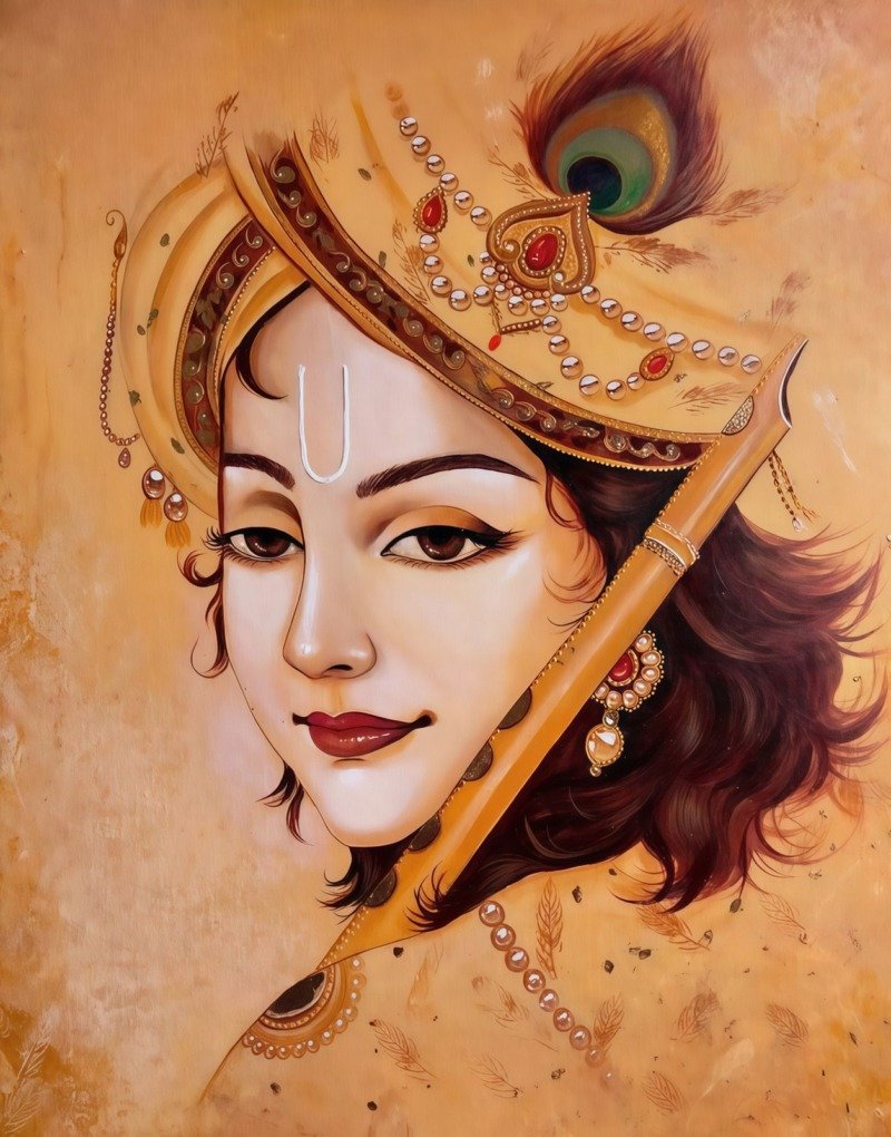 Painterly portrait of Krishna's face in ochre tones with a pearl-edged saffron turban, peacock feather and diagonal flute