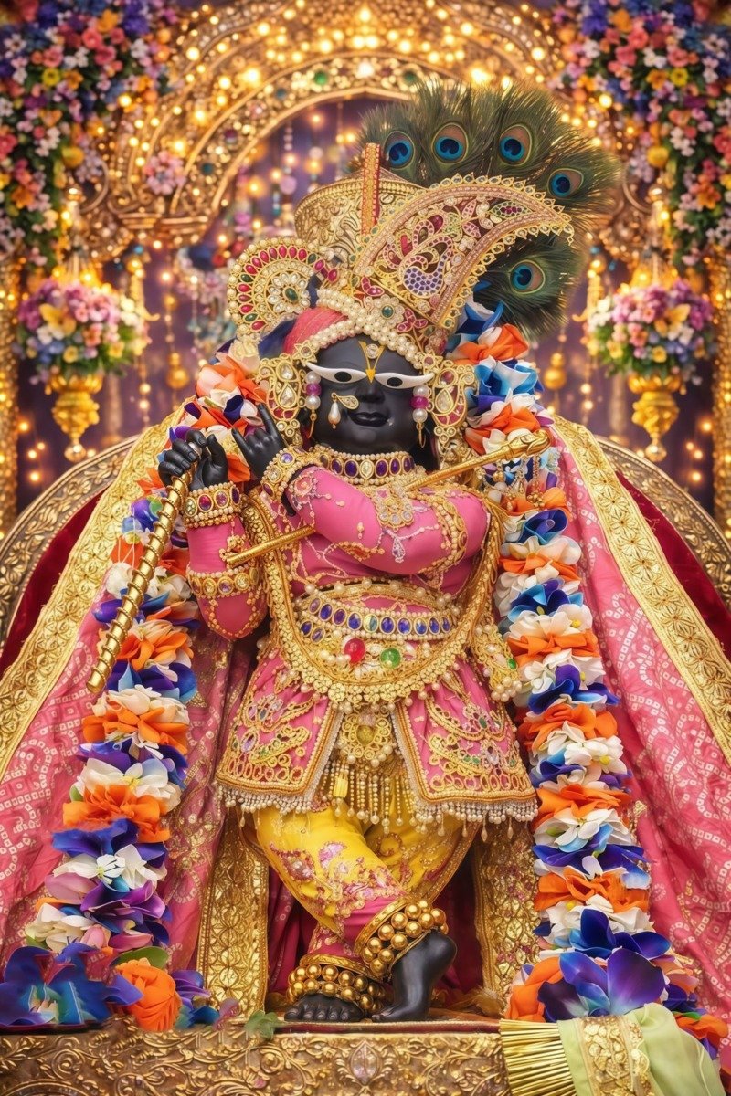 Dark-hued Krishna temple deity in pink embroidered dress with peacock crown, flute and colourful garlands against a golden backdrop