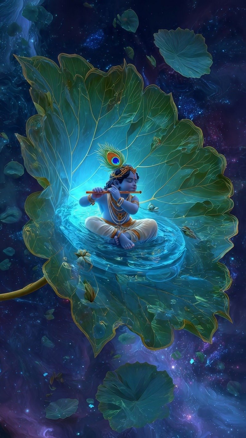 Baby Krishna playing flute on a glowing lotus leaf floating in a starry purple cosmic sky