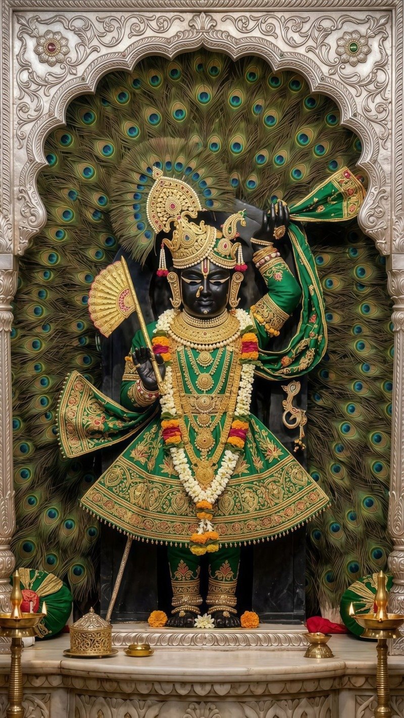 Shrinathji in green attire inside a marble arch against a wall of peacock feathers with brass lamps