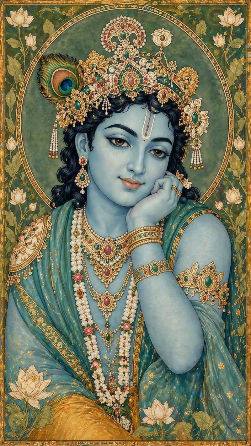 Miniature-style painting of blue Krishna resting cheek on hand in jewelled crown and teal shawl, framed by golden lotus vines