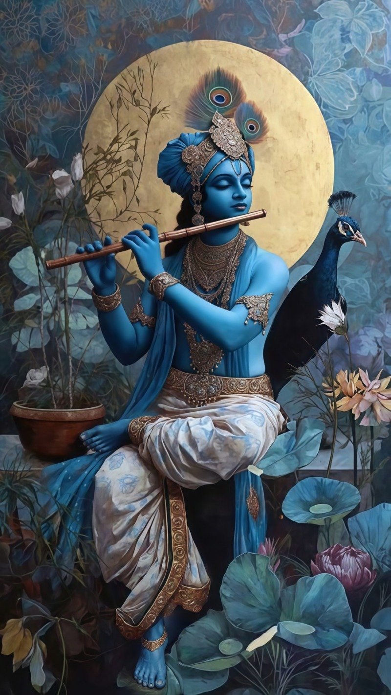 Blue Krishna seated playing flute with eyes closed before a golden moon, with a peacock, lotus leaves and flowers around him