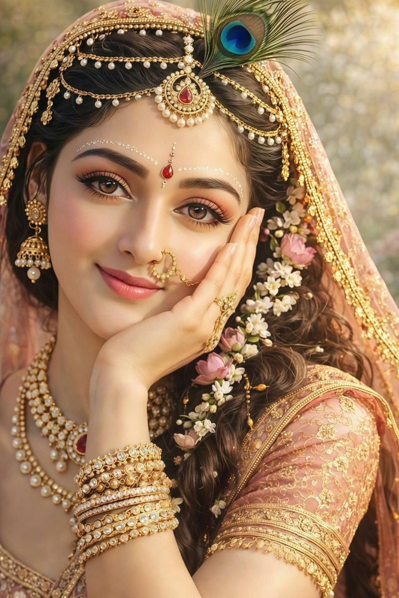 Close-up portrait of Radha smiling with peacock feather in her hair and pearl jewellery