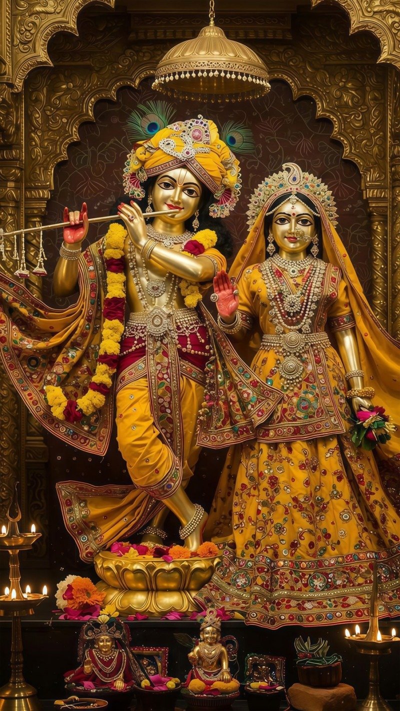 Golden Radha and Krishna murtis in yellow attire under a golden umbrella inside a carved shrine with lamps