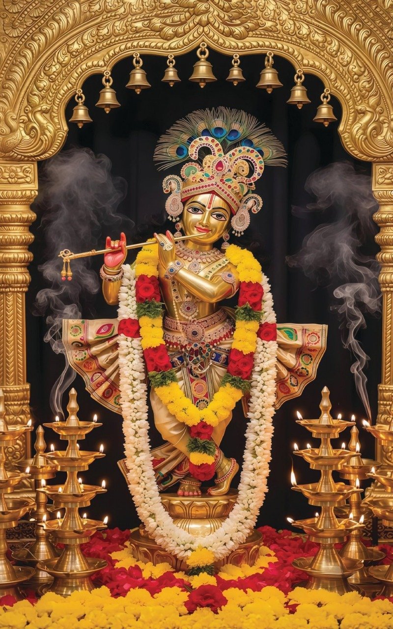 Golden Krishna murti with flute under an arch of temple bells, flanked by lit brass lamps and incense smoke